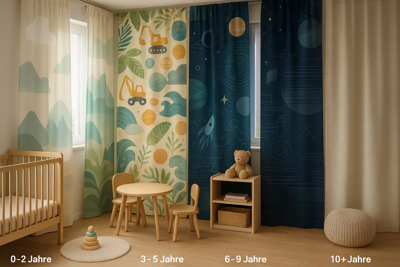 Kinderzimmer mit altersgerechten, genderneutralen Gardinenmotiven in ruhigen und fröhlichen Farben