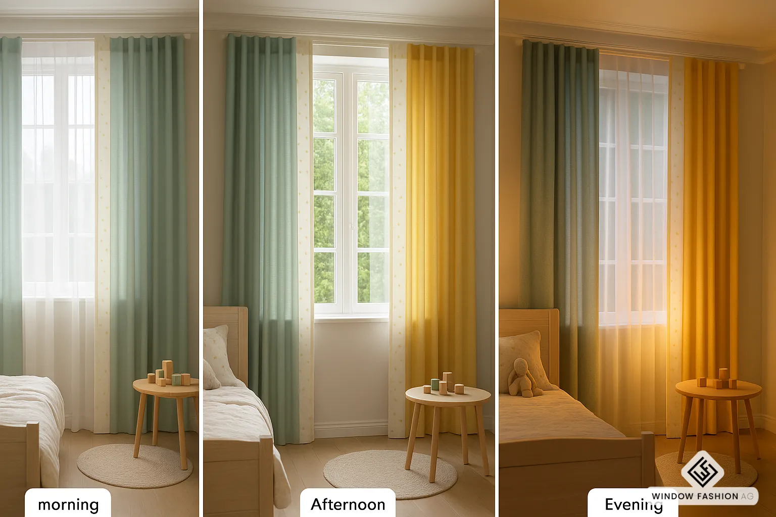 Kinderzimmer mit farblich abgestimmten Gardinen für beruhigende und fröhliche Atmosphäre