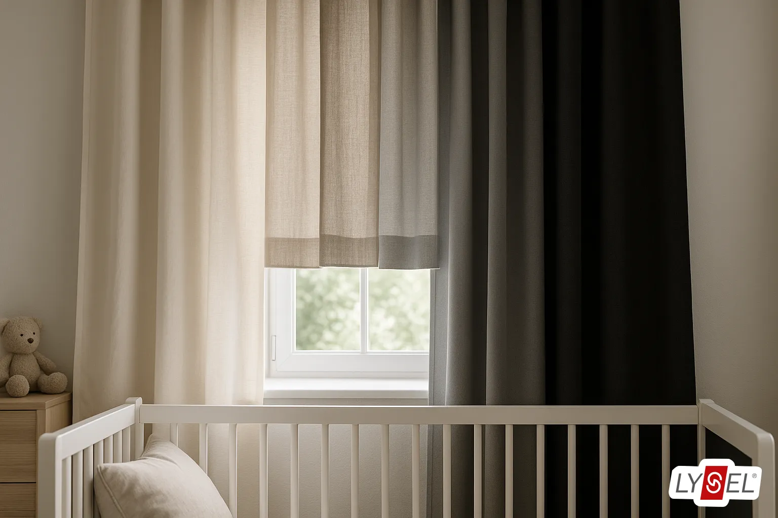Kinderzimmerfenster mit Stoffmustern: Baumwolle, Leinen, Mischgewebe und Dimout/Blackout