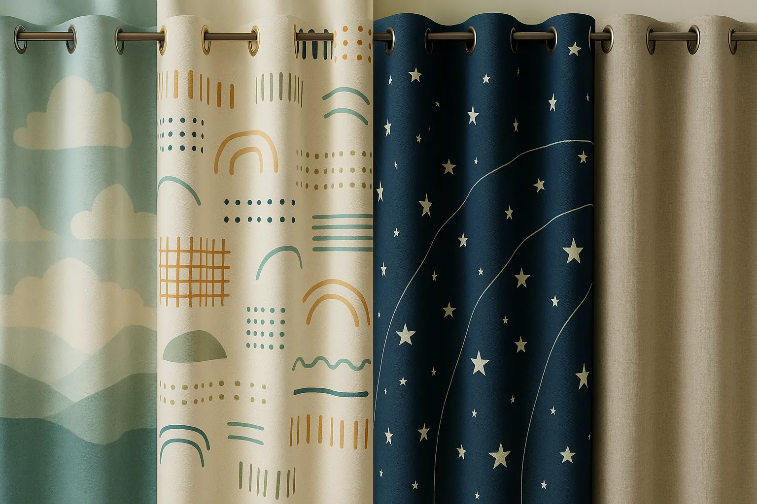Neutrale Textur-Gardinen mit farbigen Accessoires