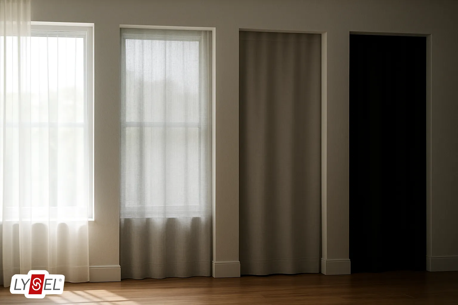 Vergleich von Vorhang-Transparenzstufen: transparent, halbtransparent, Dim-Out, Blackout